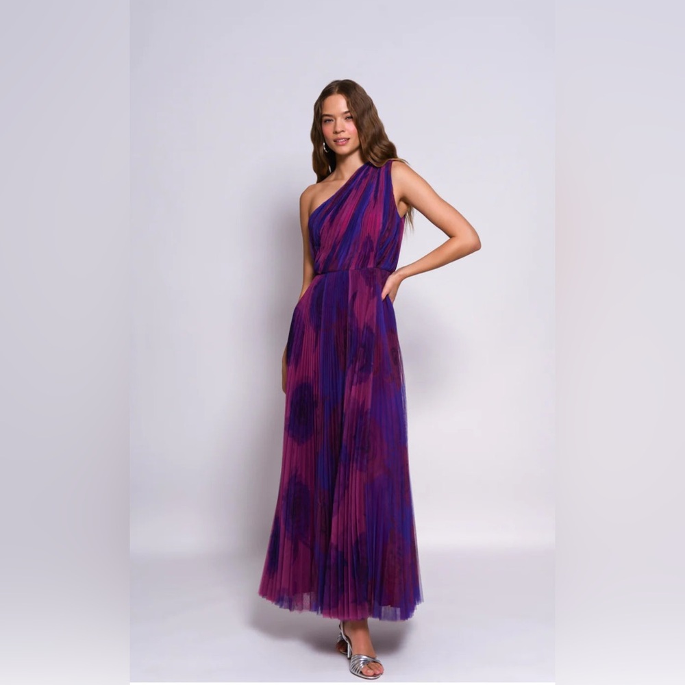 Hutch Tarina Pleated One Shoulder Gown in Vibrant Purple and Pink, New - Picture 13 of 13